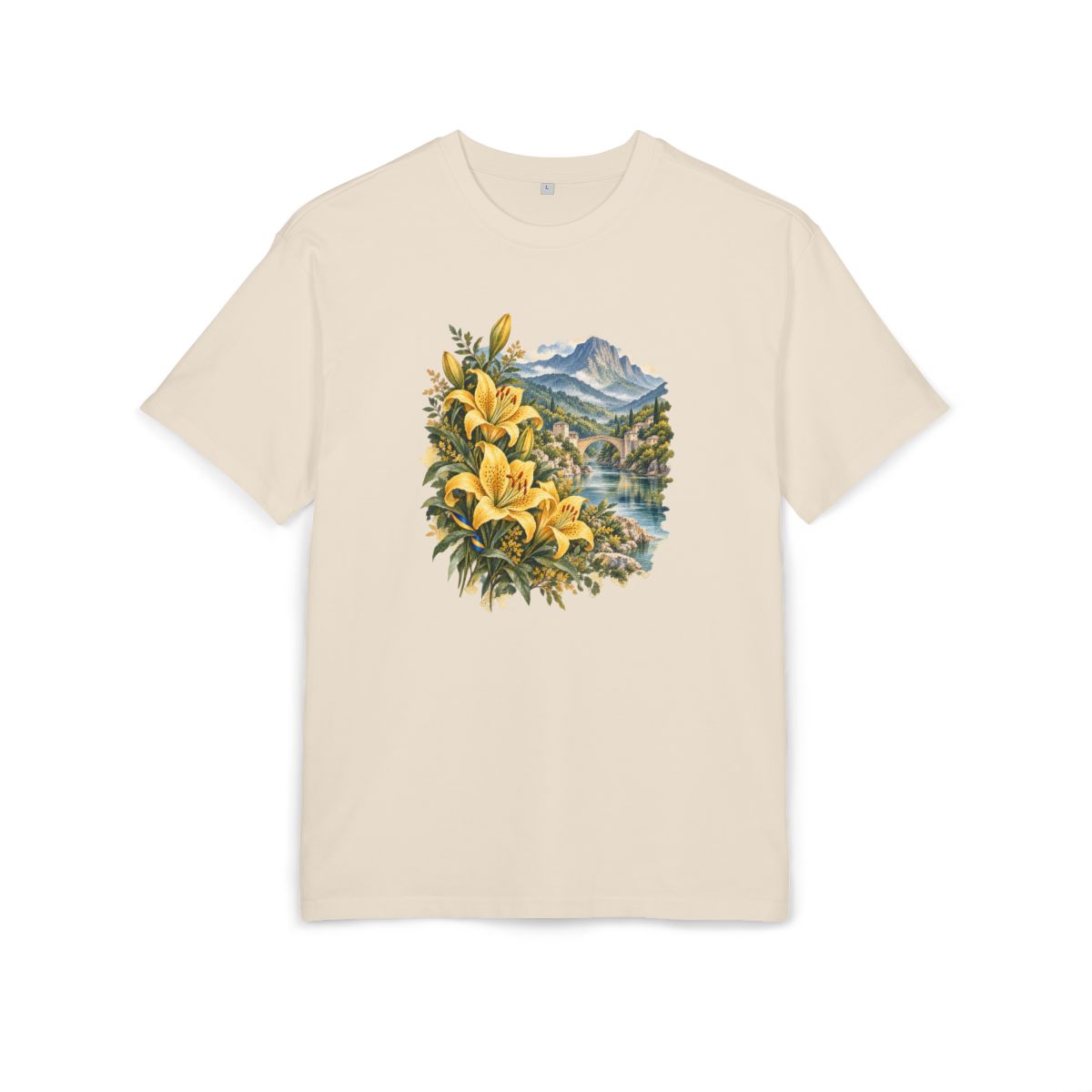 Bosnia and Herzegovina Heritage Oversized T-Shirt front in Sand; original Printify mockup
