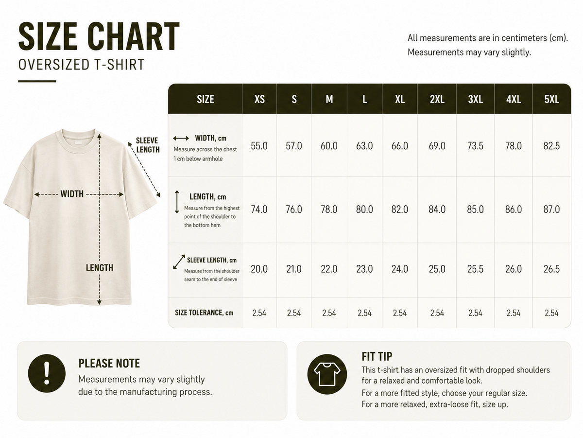 BY102 oversized T-shirt size guide in centimetres