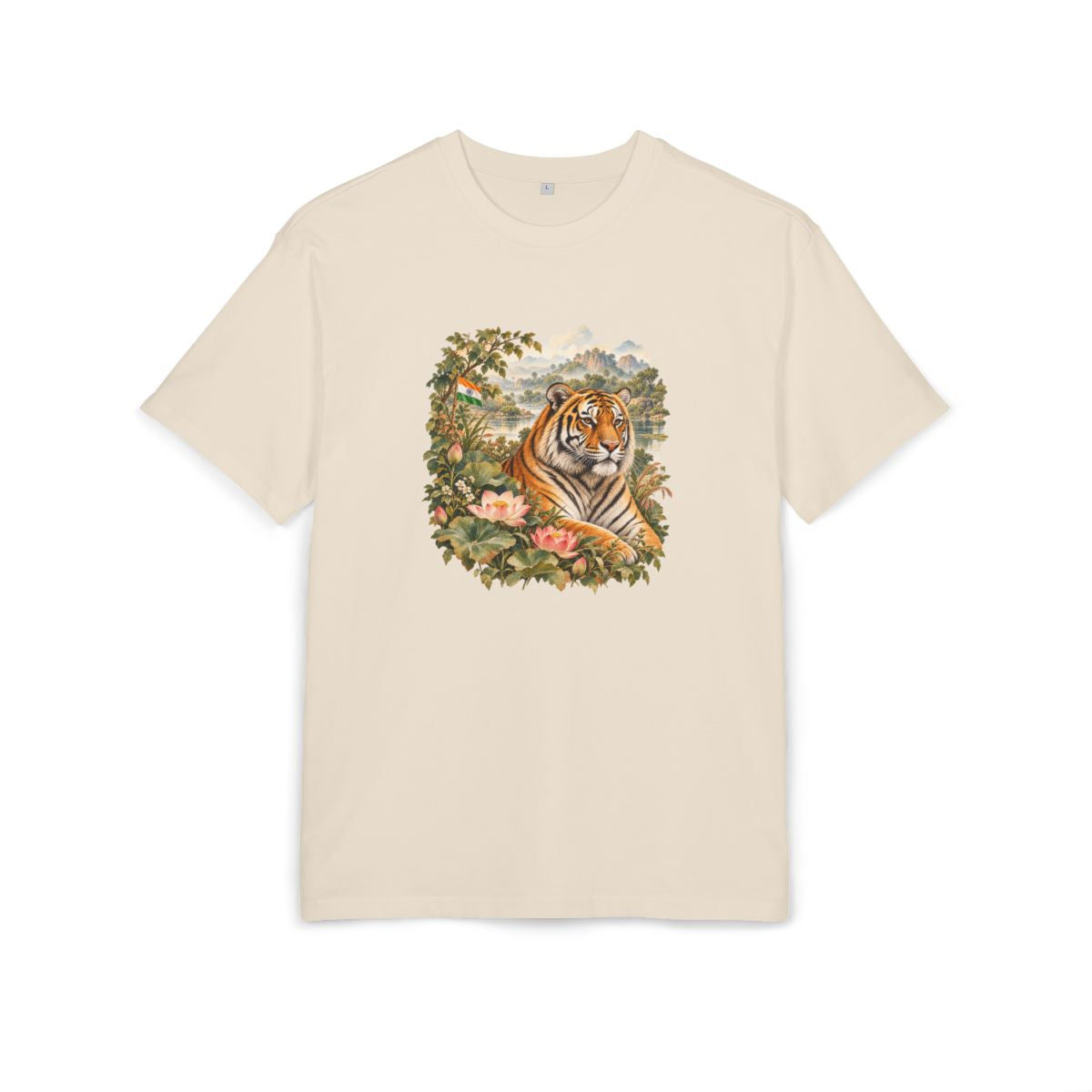 India Heritage Oversized T-Shirt front in Sand; original Printify mockup