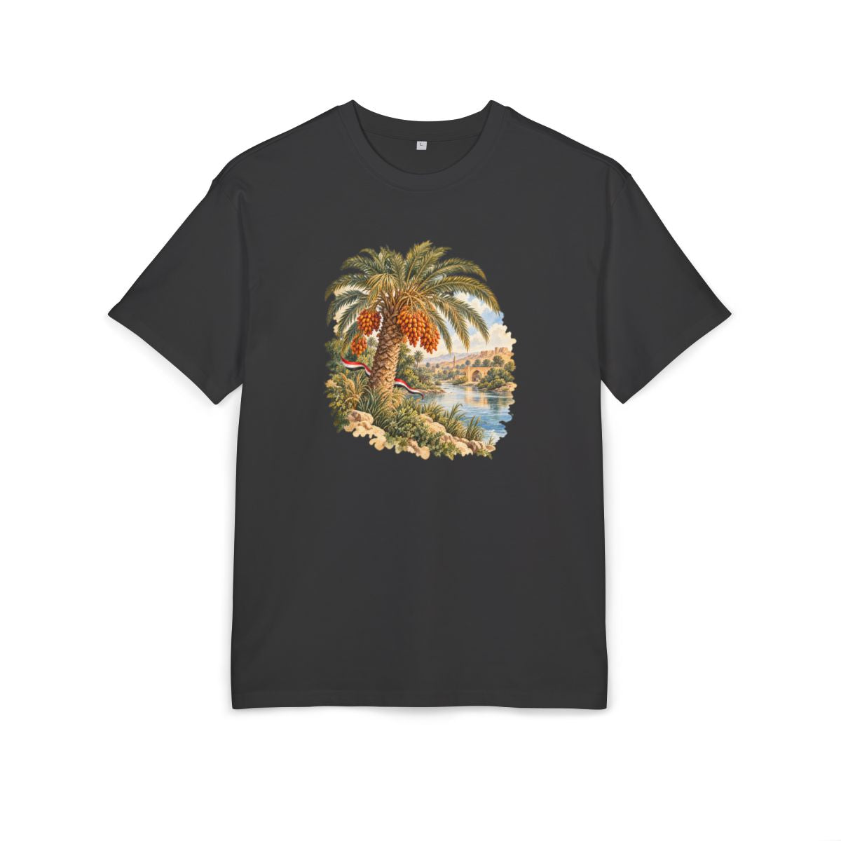 Iraq Heritage Oversized T-Shirt front in Black; original Printify mockup
