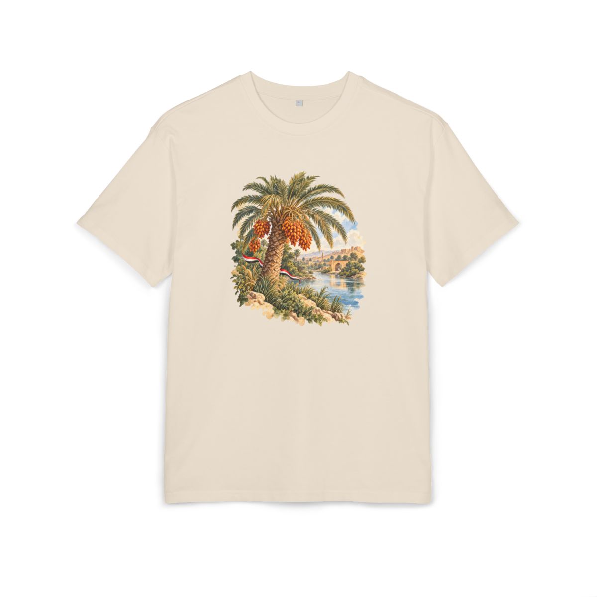 Iraq Heritage Oversized T-Shirt front in Sand; original Printify mockup