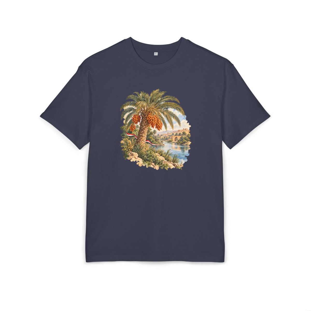 Iraq Heritage Oversized T-Shirt front in Navy; original Printify mockup