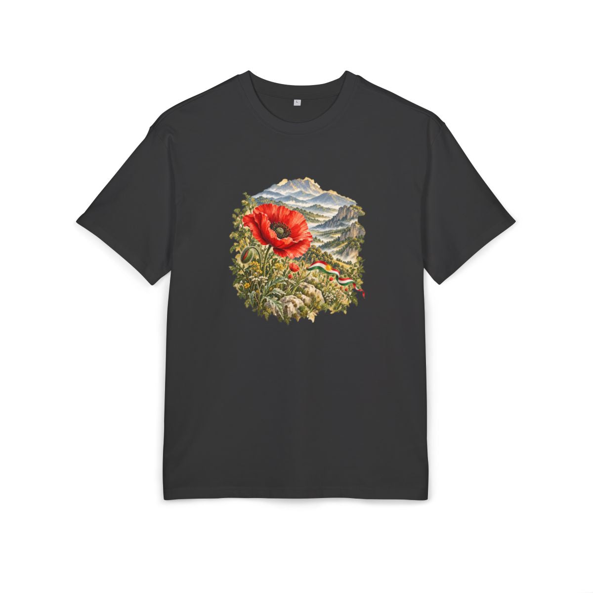 Kurdistan Heritage Oversized T-Shirt front in Black; original Printify mockup