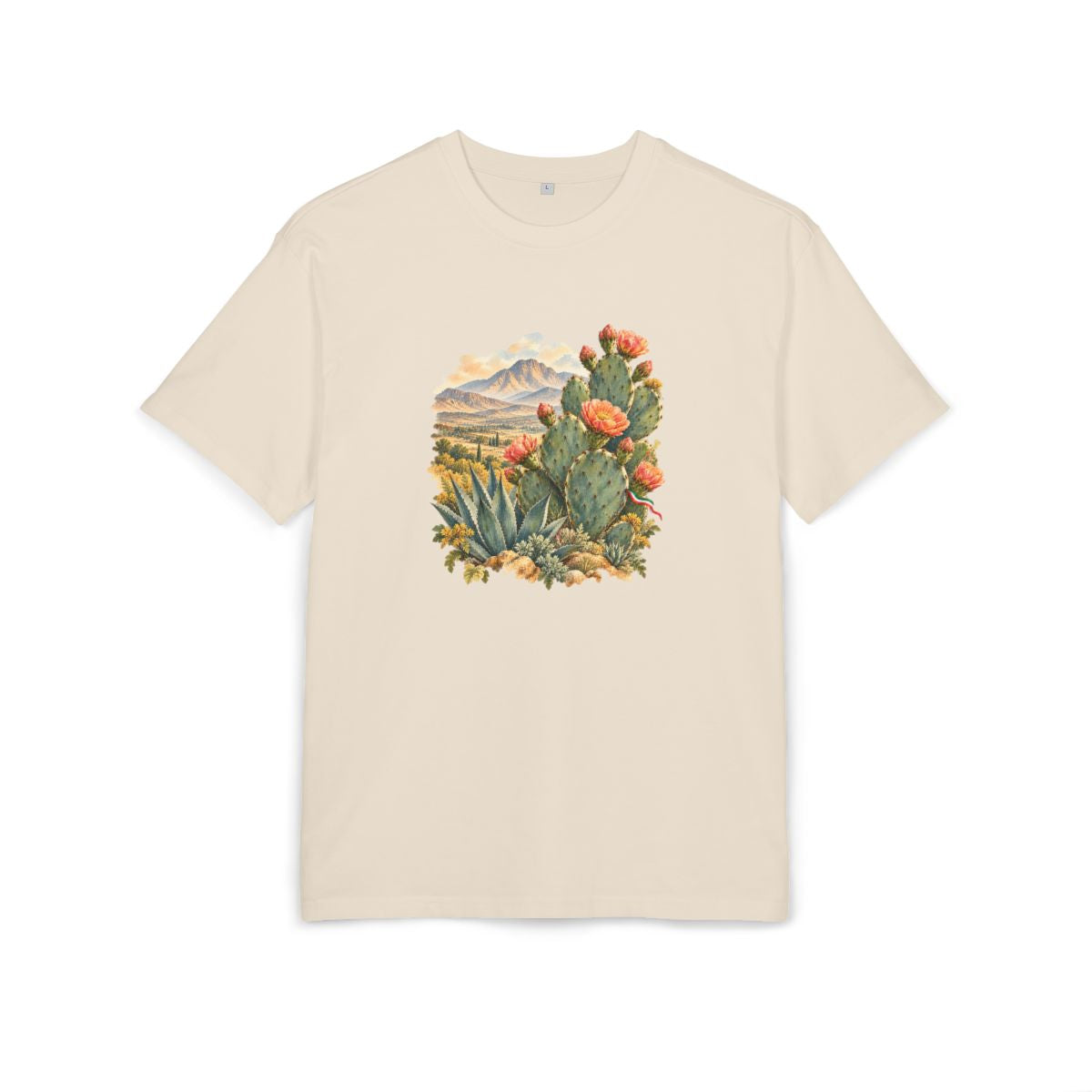Mexico Heritage Oversized T-Shirt front in Sand; original Printify mockup