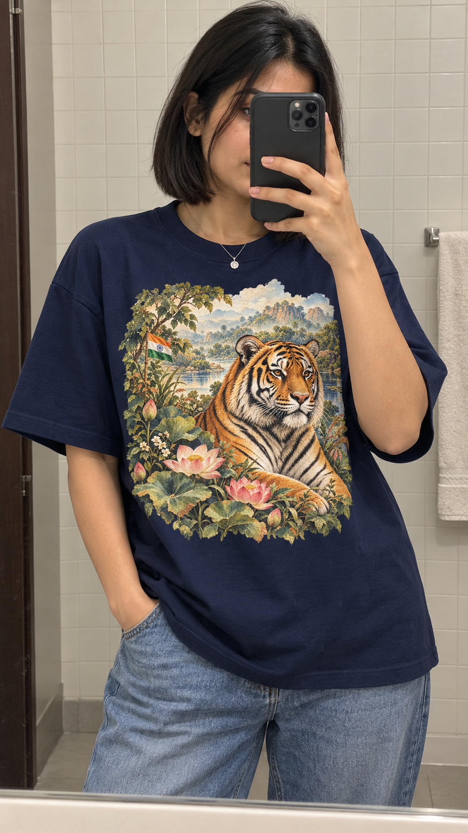 AI generated india Heritage T-Shirt casual mirror selfie mockup