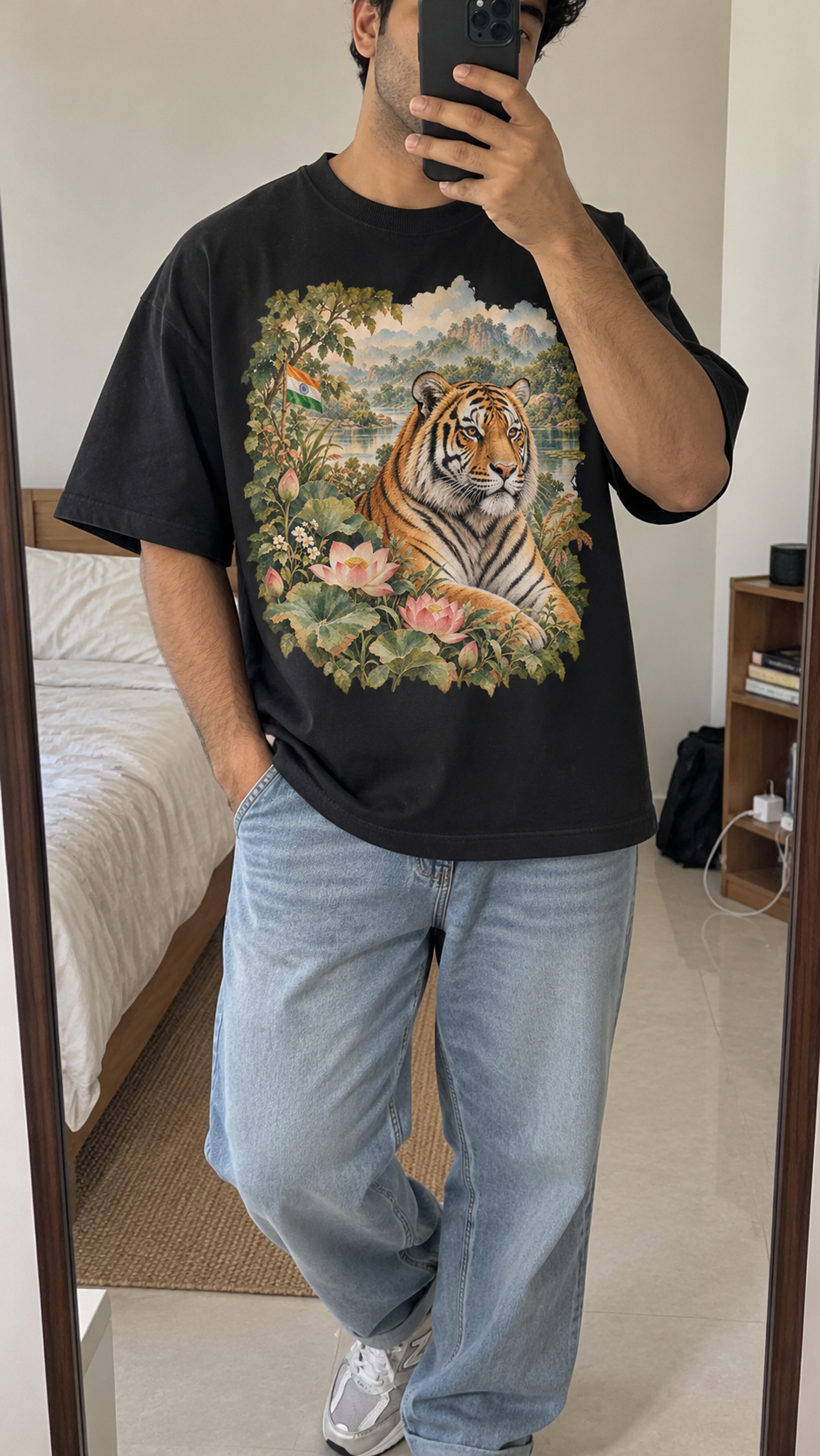 AI generated india Heritage T-Shirt casual mirror selfie mockup