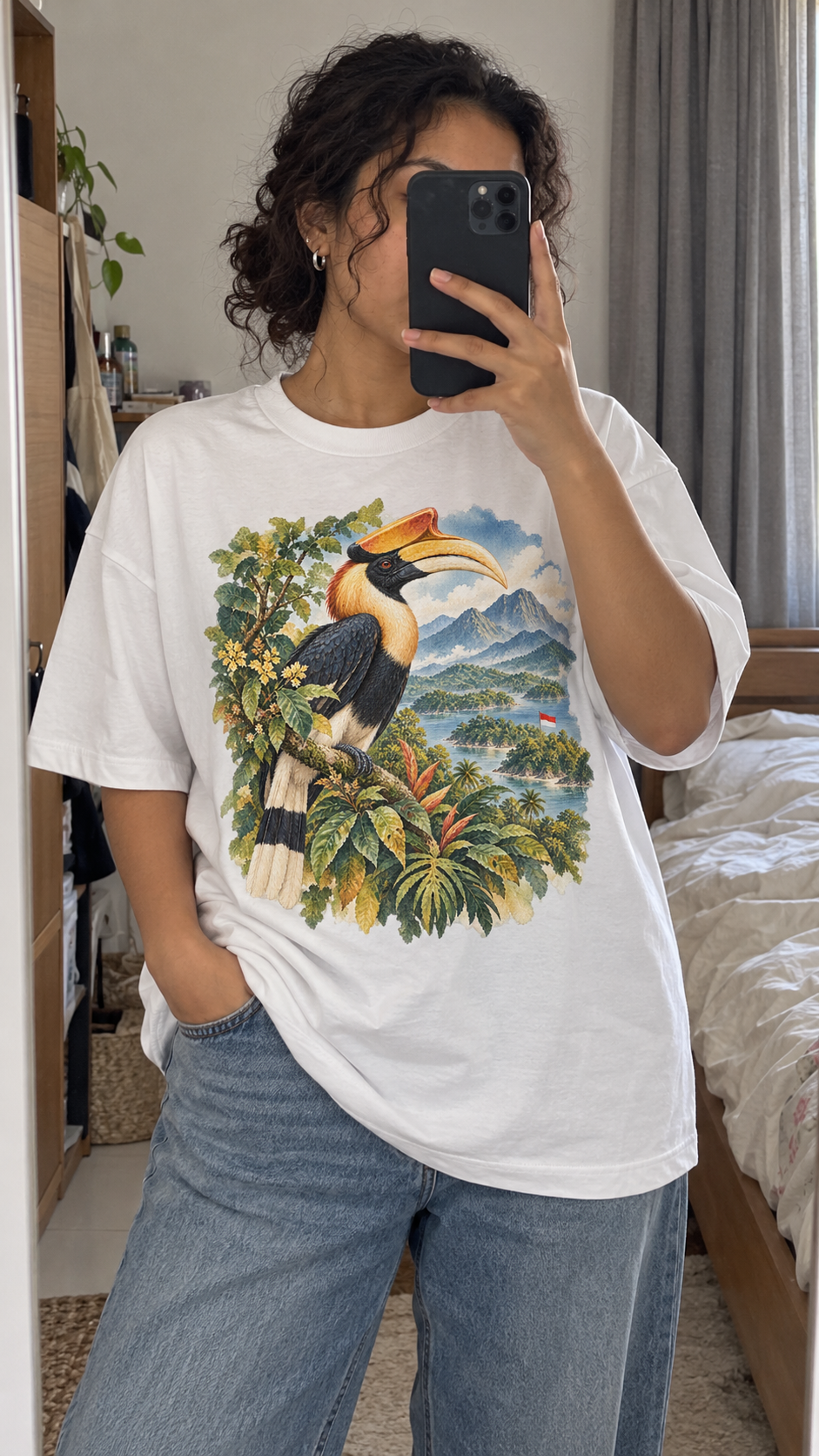 AI generated indonesia Heritage T-Shirt casual mirror selfie mockup