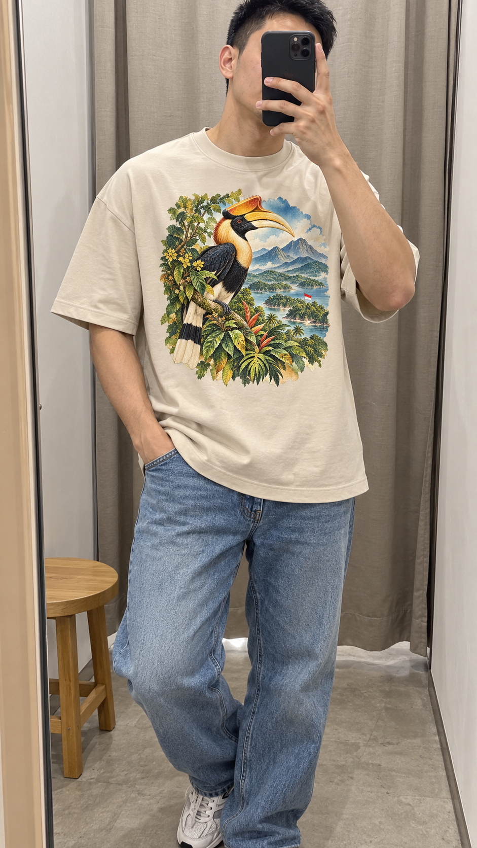 AI generated indonesia Heritage T-Shirt casual mirror selfie mockup