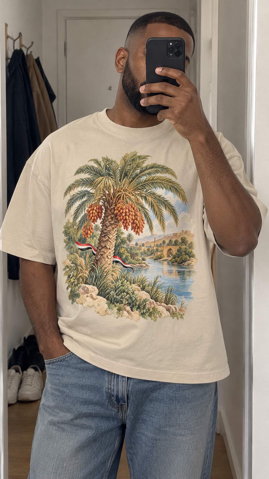 AI generated iraq Heritage T-Shirt casual mirror selfie mockup