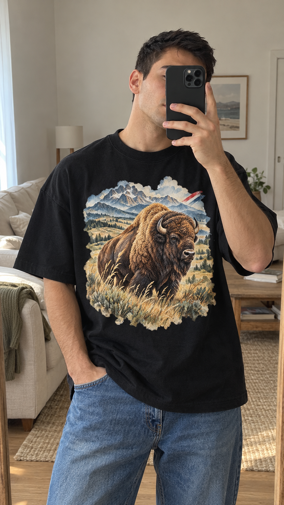 AI generated usa Heritage T-Shirt casual mirror selfie mockup