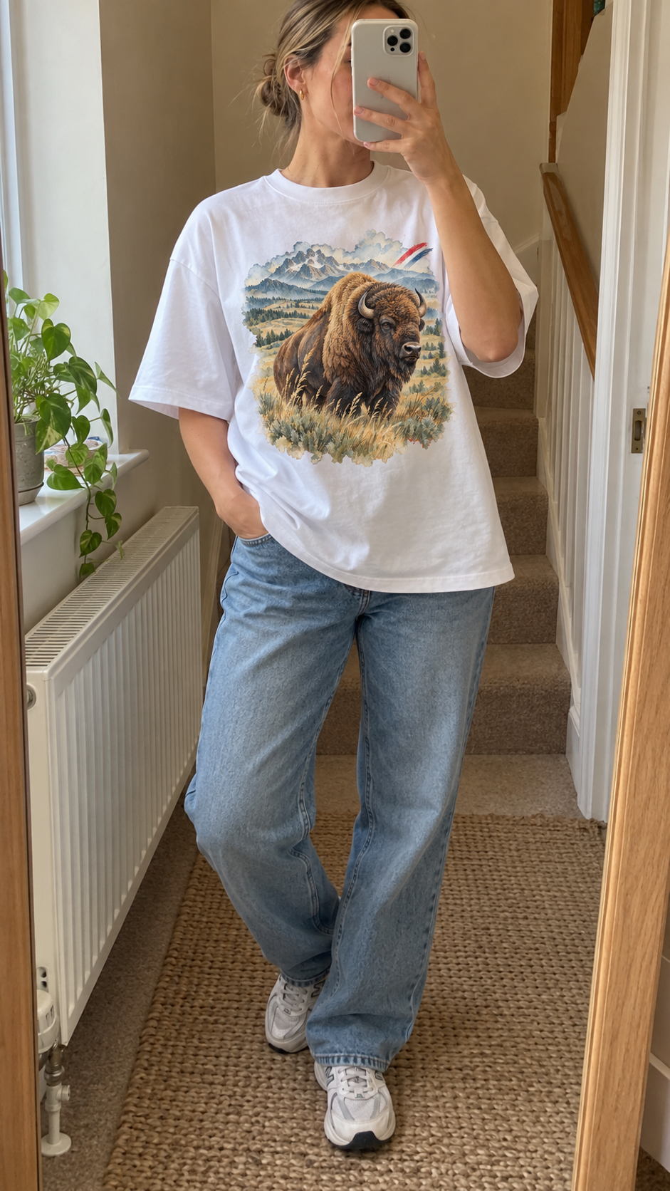AI generated usa Heritage T-Shirt casual mirror selfie mockup