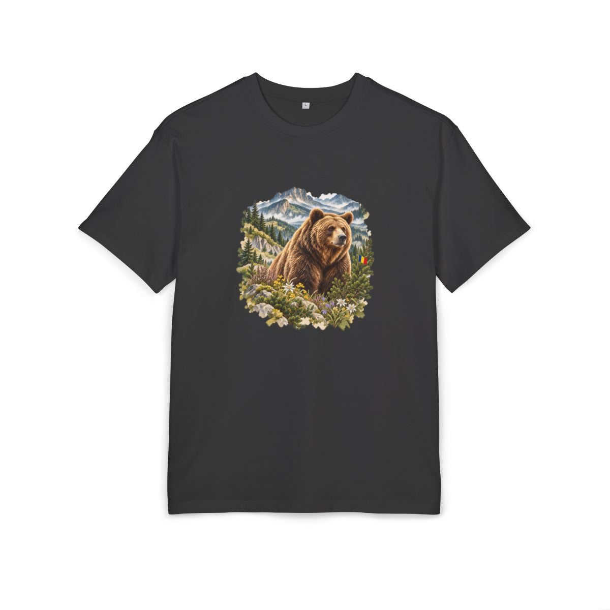 Romania Heritage Oversized T-Shirt front in Black; original Printify mockup