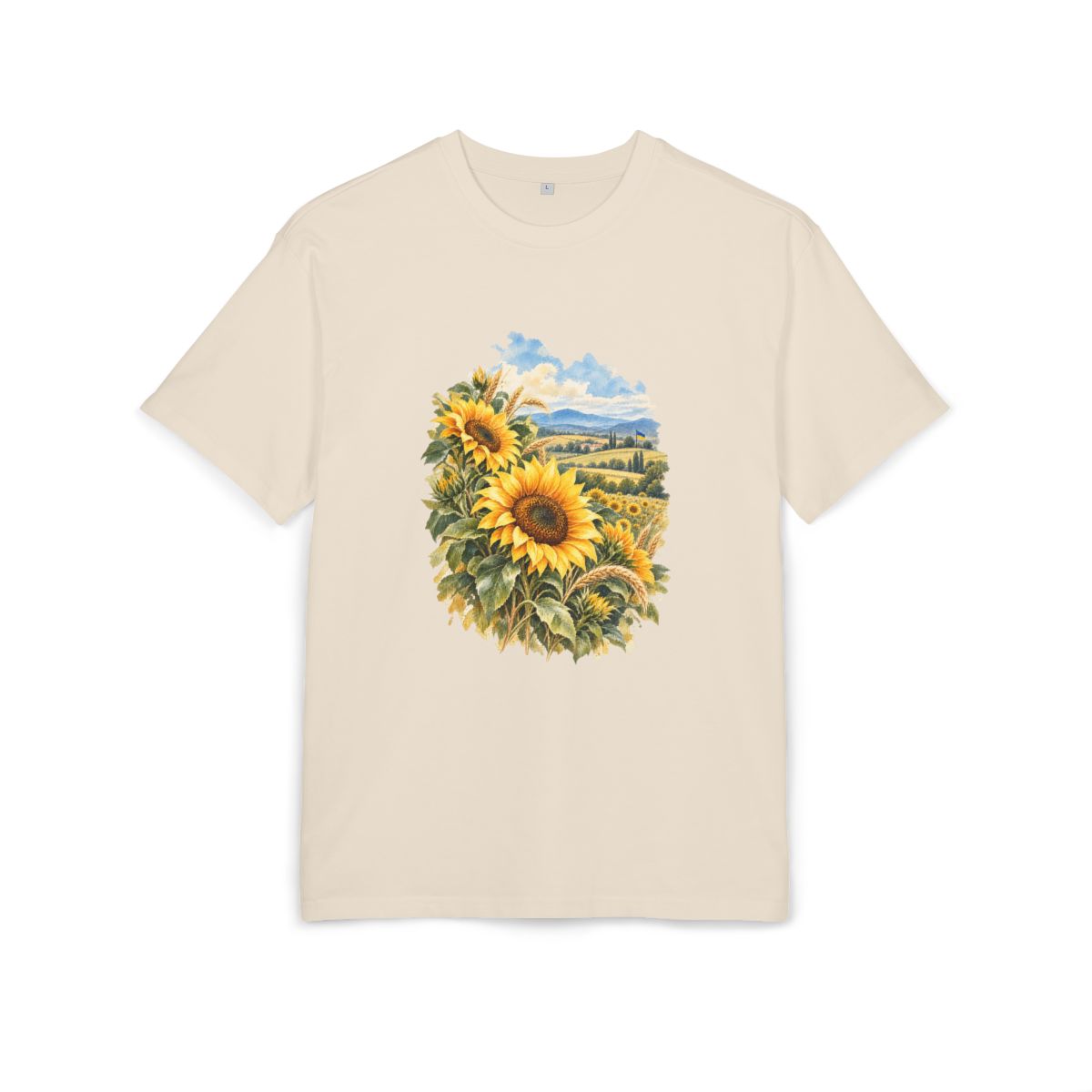 Ukraine Heritage Oversized T-Shirt front in Sand; original Printify mockup